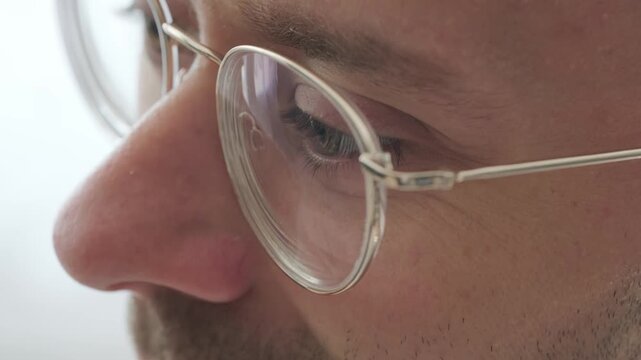 student in glasses, attending online class, focused programmer with glasses, working, Concept coding and software development, remote learning and e-education