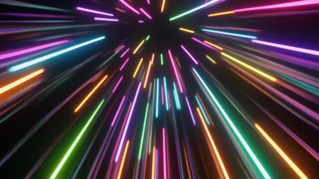 Dynamic abstract background with glowing neon light trails moving through a dark virtual tunnel, illustrating high-speed data flow, warp drive, or futuristic digital travel