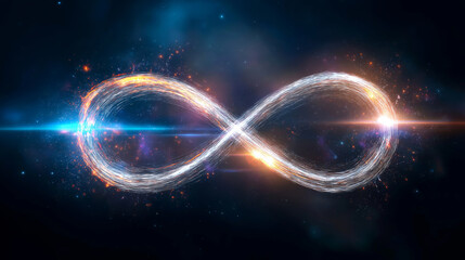 Infinity symbol formed by glowing light energy particles, representing boundless possibility and universal connection