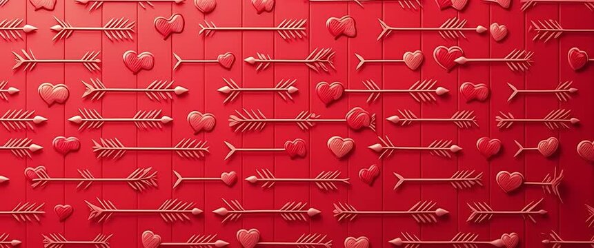 Romantic arrows and hearts pattern gently sways, with a soft cinematic pan capturing the vibrant red backdrop, ideal for Valentine's Day stock footage and design inspiration.