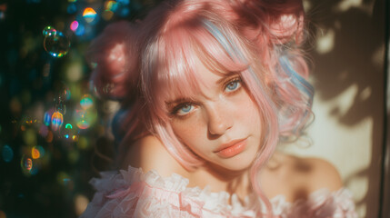 portrait of a cute young woman with pink and blue pastel hair and big blue eyes, soft natural daylight, dreamy bokeh background, kawaii fashion beauty concept for skincare, makeup branding, social 