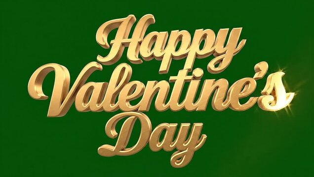 Elegant 3D golden cursive text animation displaying 'Happy Valentine's Day' with sparkling highlights, floating against a solid dark green background, perfect for holiday greetings.
