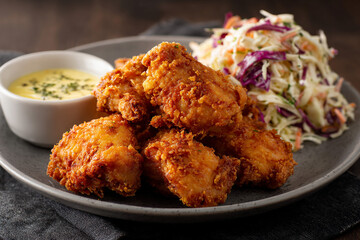 Crispy fried chicken pieces served with a side dishes.