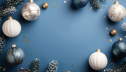 Blue festive background with elegant ornaments and copy space, luxury holiday frame