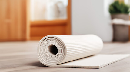 Beige yoga mat partially unrolled on a light wood surface, representing fitness, relaxation, and a tranquil practice space