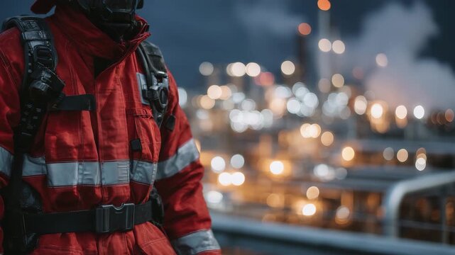 Close-up macro of fire-resistant suit and SCBA, textured flame-retardant fabric visible, metallic buckles and air cylinders highlighted, blurred industrial pipelines in the backgro