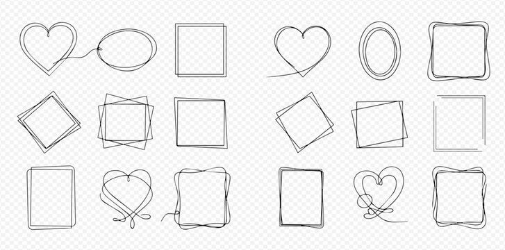 Set of hand-drawn doodle frames with various shapes and continuous line art style.