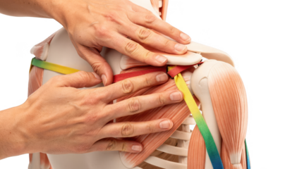 Physical therapists hands demonstrating scapular stabilization on a model shoulder blade with elastic resistance band on plain white background.