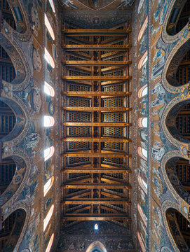 Ornate ceiling of ancient church in Palermo, Italy