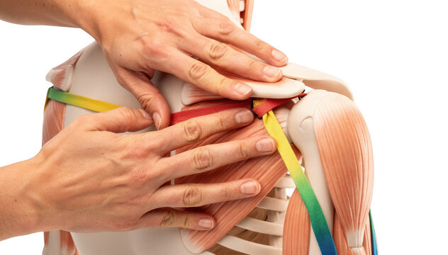 Physical therapists hands demonstrating scapular stabilization on a model shoulder blade with elastic resistance band on plain white background.