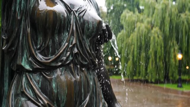 A Cinematic View of a Statue in the Rain in a Lush Green Park Environment