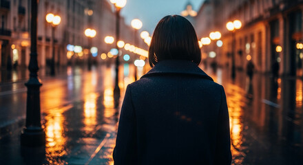 Woman in dark coat walking away, rain reflecting city lights, creating a moody, atmospheric scene symbolizing solitude, urban exploration or contemplation