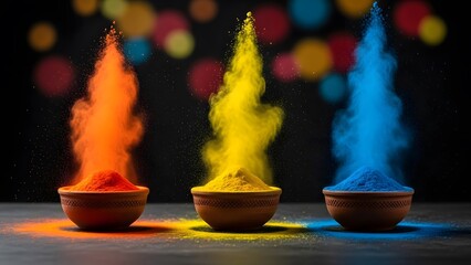 Vibrant explosion of colorful powder in orange yellow and blue hues against a dark background