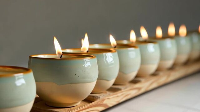 Lit candle holders arranged in a row on a surface