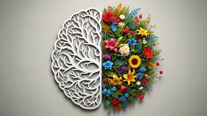 Creative concept of a human brain split into abstract sculpture and vibrant colorful floral arrangement
