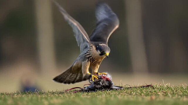Peregrine Falcon Captures Prey in a Field, Natures Predator.