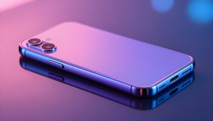 Sleek smartphone with dual cameras illuminated by vibrant pink and blue neon lights