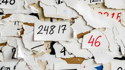 Torn paper pieces with handwritten numbers 24817 and 46 in black and red ink on white background shredded paper