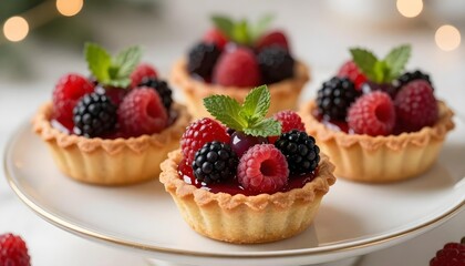 Delicious berry tarts with fresh raspberries and blackberries on a white plate