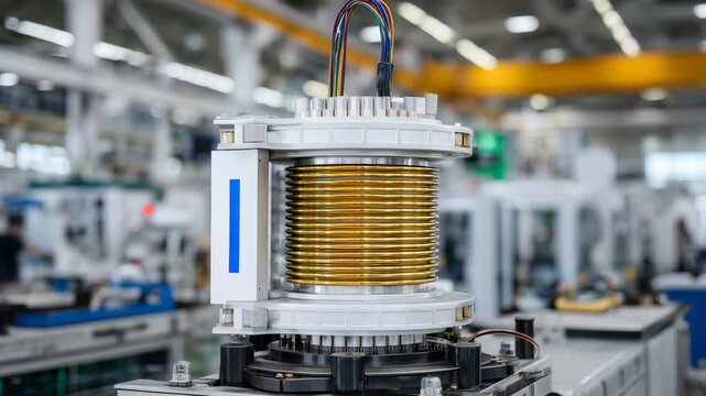 Close-up of golden superconductor coil, glinting under bright factory lights, mounted on steel transformer platform, control panels and cabling blurred in background, highlighting