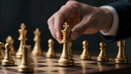 Businessman's hand moving the golden king chess piece on a chessboard, strategic decision