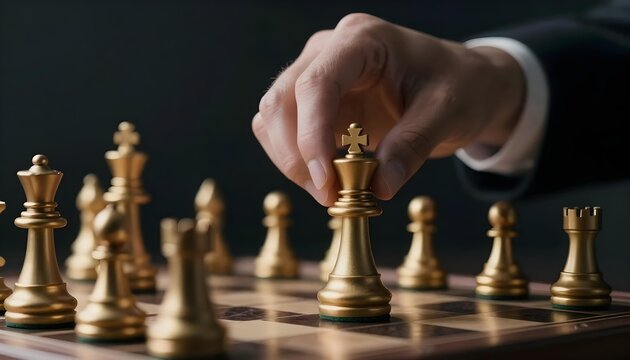 Businessman's hand moving golden king chess piece on a chessboard, strategic decision