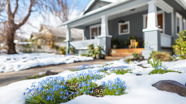 Blue scilla flowers emerging through melting snow marking the arrival of spring in a front yard