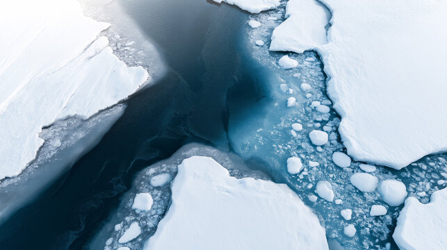 Arctic ice breaking up, melting water, changing environment, global climate warming abstract concept