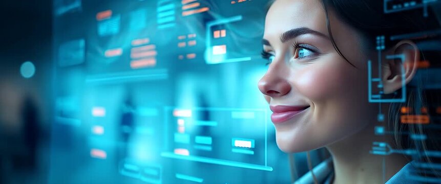 Innovative technology professional examines digital interface as camera gently pans, highlighting futuristic data visualization in cinematic style with ambient office motion.