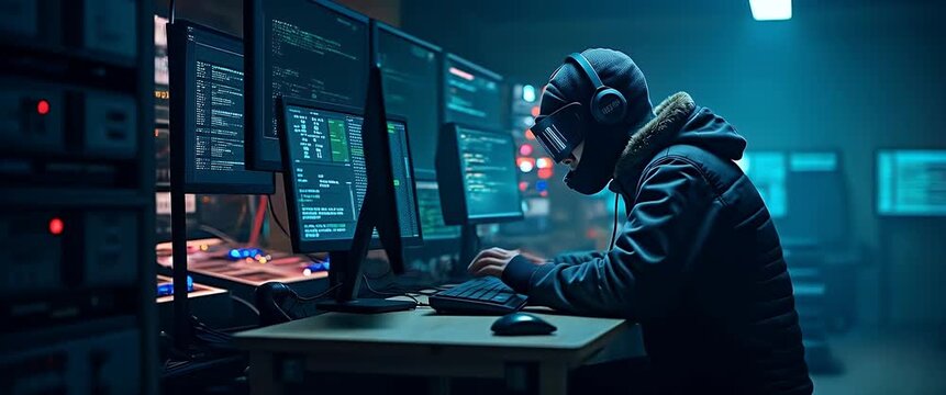 Cybersecurity expert types at a computer with glowing code, as the camera slowly pans across a dimly lit, futuristic office, with ambient lights gently flickering; cinematic and high-tech atmosphere.