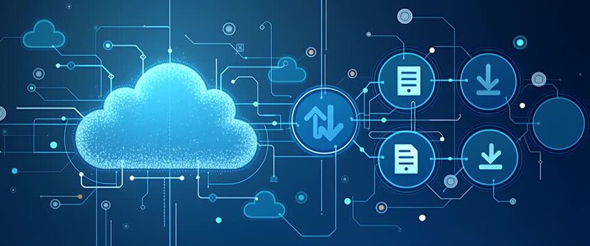 Futuristic cloud computing interface with animated data transfer icons; camera gently pans across digital network connections in a sleek, cinematic style, highlighting technology innovation. - Powered by Adobe
