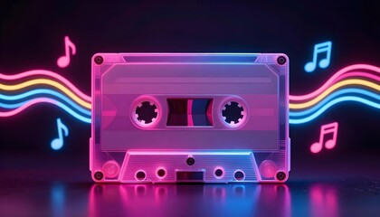Retro cassette tape with neon lights and musical notes, evoking nostalgia and vibrant sound