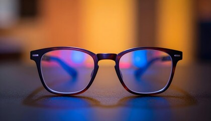 Stylish tortoiseshell glasses with colorful reflections on lenses, close-up shot