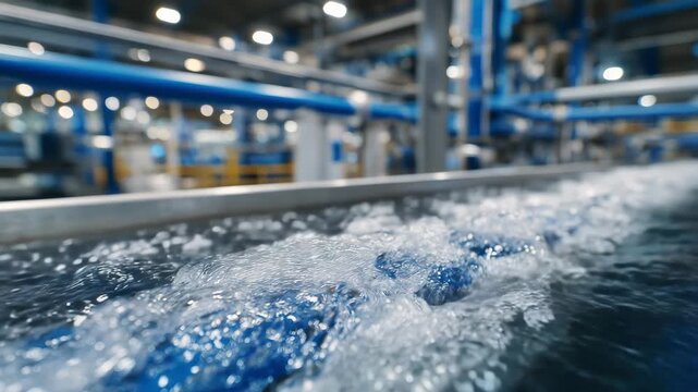Close-up of ultraviolet purification chamber in an industrial water treatment plant, clear liquid flowing through crystal pipes as UV light neutralizes contaminants, sleek metal fr