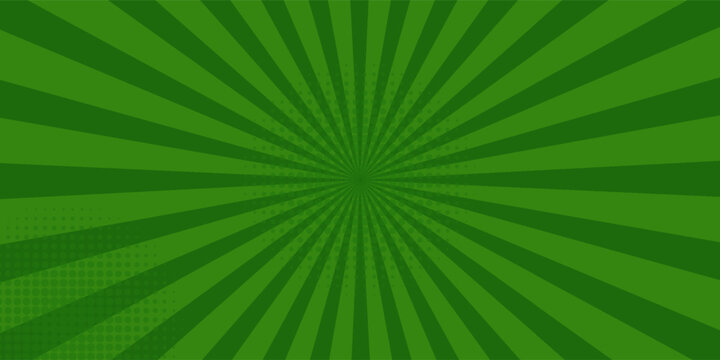 Comic green abstract background with beams radial and halftone effects, empty green comic style zoom lines background, Superhero comic book poster background with halftone print effect.