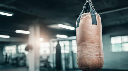 Punching bag hanging in a dark boxing gym, spotlight creating dramatic atmosphere for intense training
