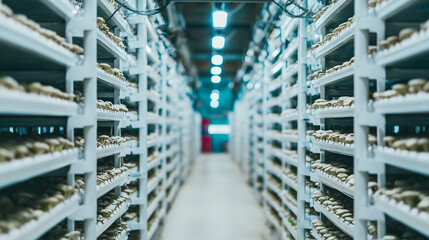 Obraz premium Indoor mushroom farm cultivating edible fungus on vertical shelves under bright LED lights for controlled agriculture