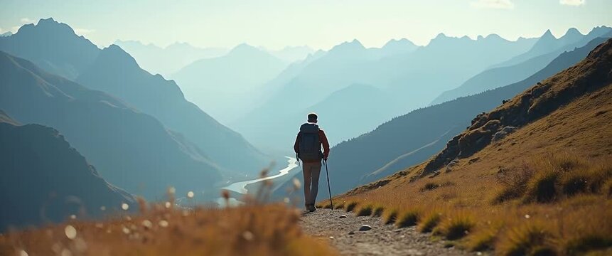 Hiker treks through stunning mountain terrain, camera gently pans to reveal expansive landscape, grasses sway in the breeze, cinematic and inspiring adventure scene.