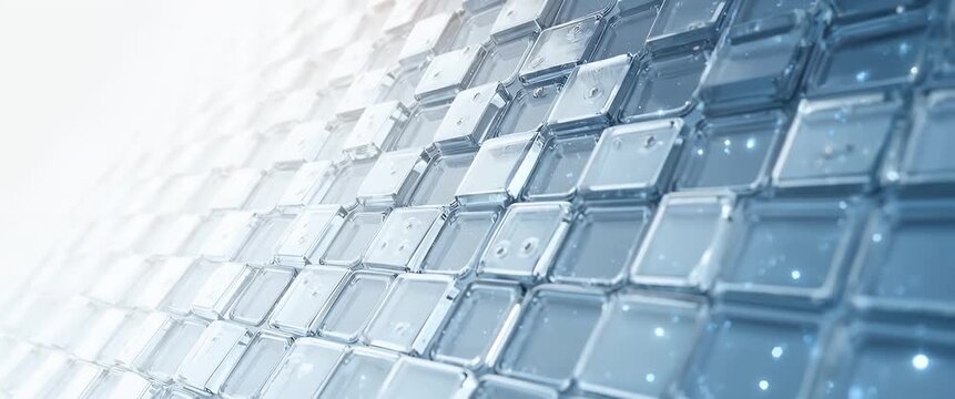 Glistening glass tiles shimmer in gentle ambient light as the camera slowly pans across the grid, creating a serene and futuristic atmosphere in this cinematic visualization.