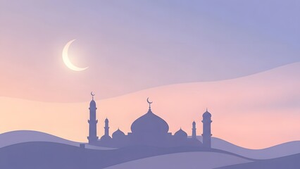 Peaceful Ramadan night sky with glowing crescent moon and stars above mosque silhouette