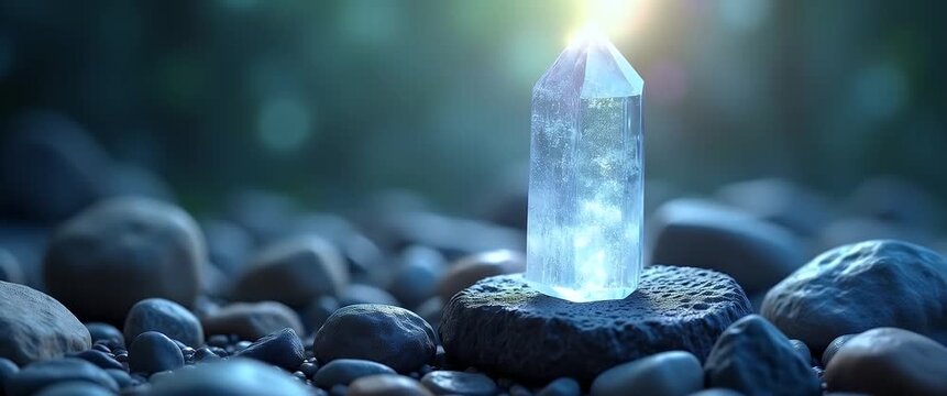 Glistening crystal slowly rotates on a mossy stone amidst smooth river rocks, as the camera gently pans in a tranquil, cinematic scene with ambient light flickering through foliage.