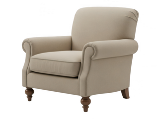 A classic beige upholstered armchair with rolled arms and wooden legs. isolated on transparent background