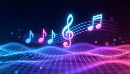 Vibrant neon music notes dance on a digital sound wave background