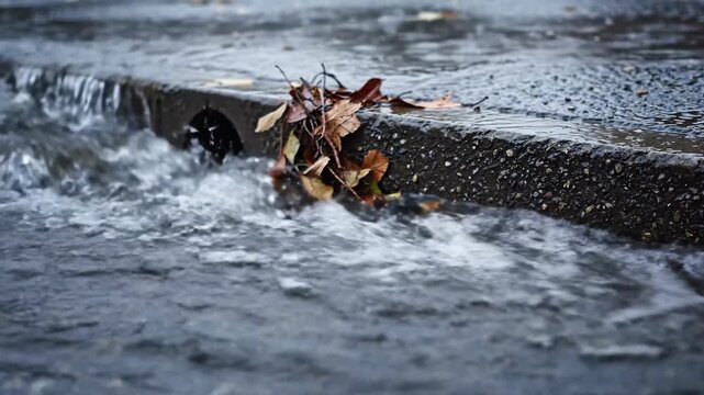 A Cinematic View of Rainwater Overflowing a Drain and Channeling Away in Motion