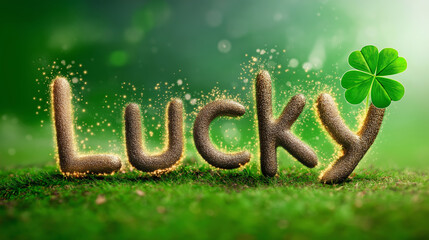 Word lucky with glowing golden letters and a four leaf clover on green grass, symbolizing fortune and success