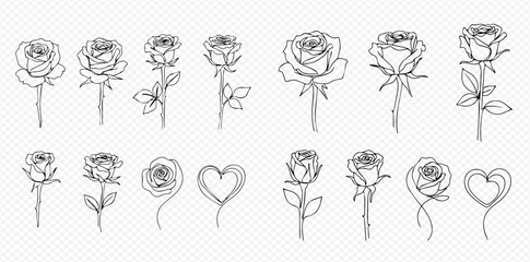 Set of continuous line art drawings of roses and hearts, perfect for romantic and elegant designs. © Lunara Arts