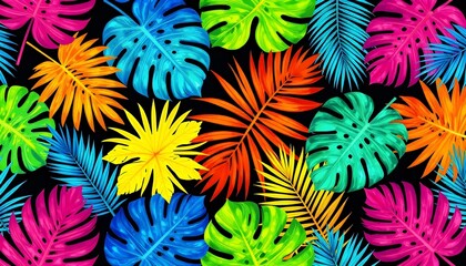 Vibrant tropical leaves in a bold, colorful pattern on a black background