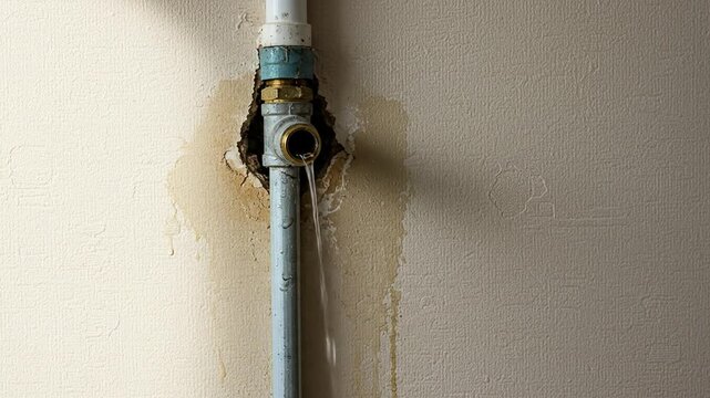 Close-up of a leaking water pipe inside a wall, showing moisture damage and visible damp. Repair and maintenance - Plumber