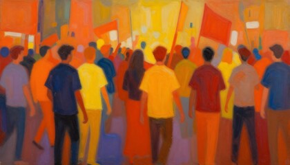 Impressionistic painting of a diverse crowd marching with flags in vibrant colors