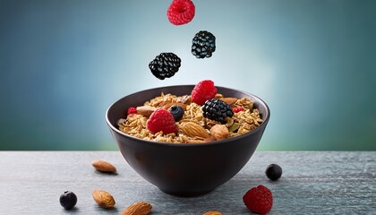 bowl of granola with raspberries blackberries and almonds flying around showcase healthy breakfast options for blog post or advertising campaign